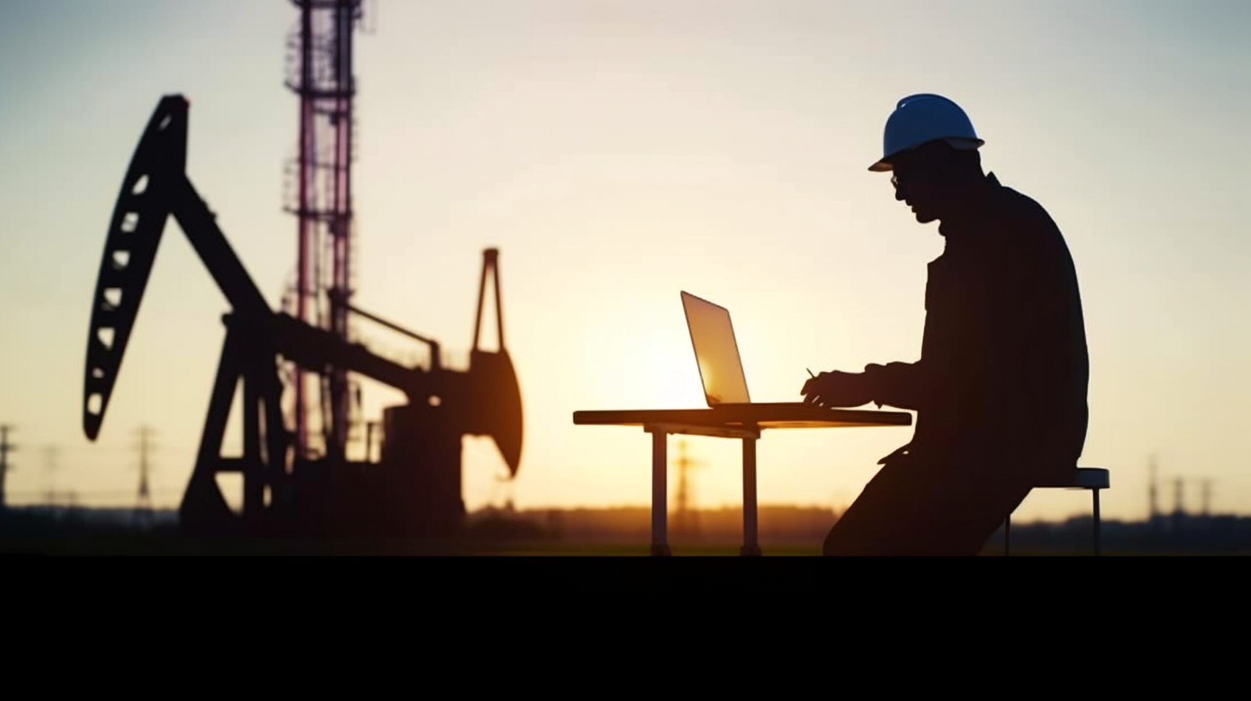 The oil industry. A person with a laptop works close to an oil pump. Oil and gas sector business concept. On a laptop computer, a lifestyle engineer studies the level of oil production. The Generative AI